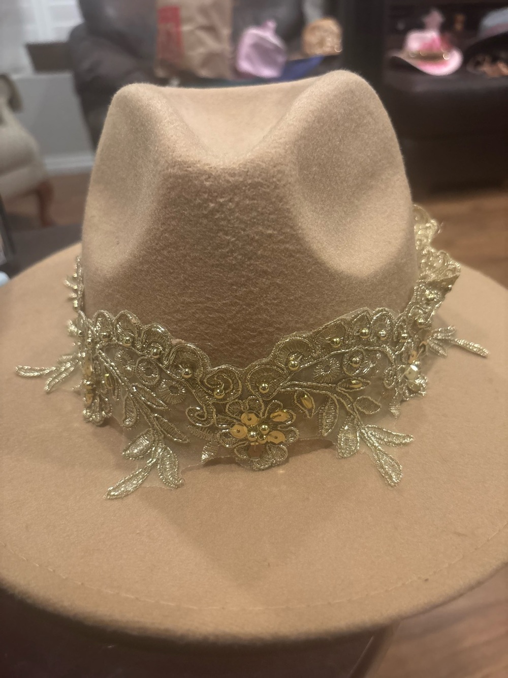 Beige Felt Fedora with Gold Lace Trim - Women Accessories